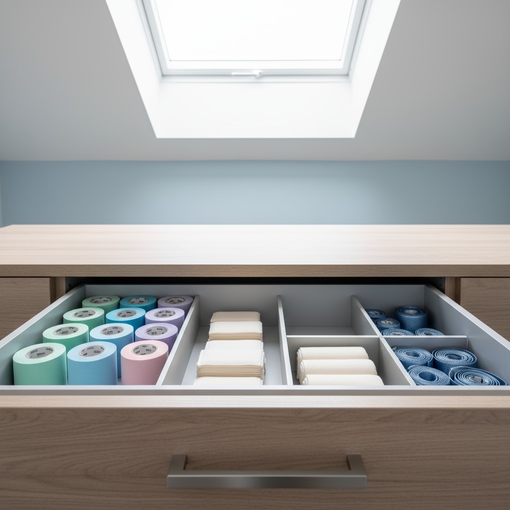 There appears to be a drawer in this image holding numerous rolls of paper tape in pastel colored hues. The left side of t...