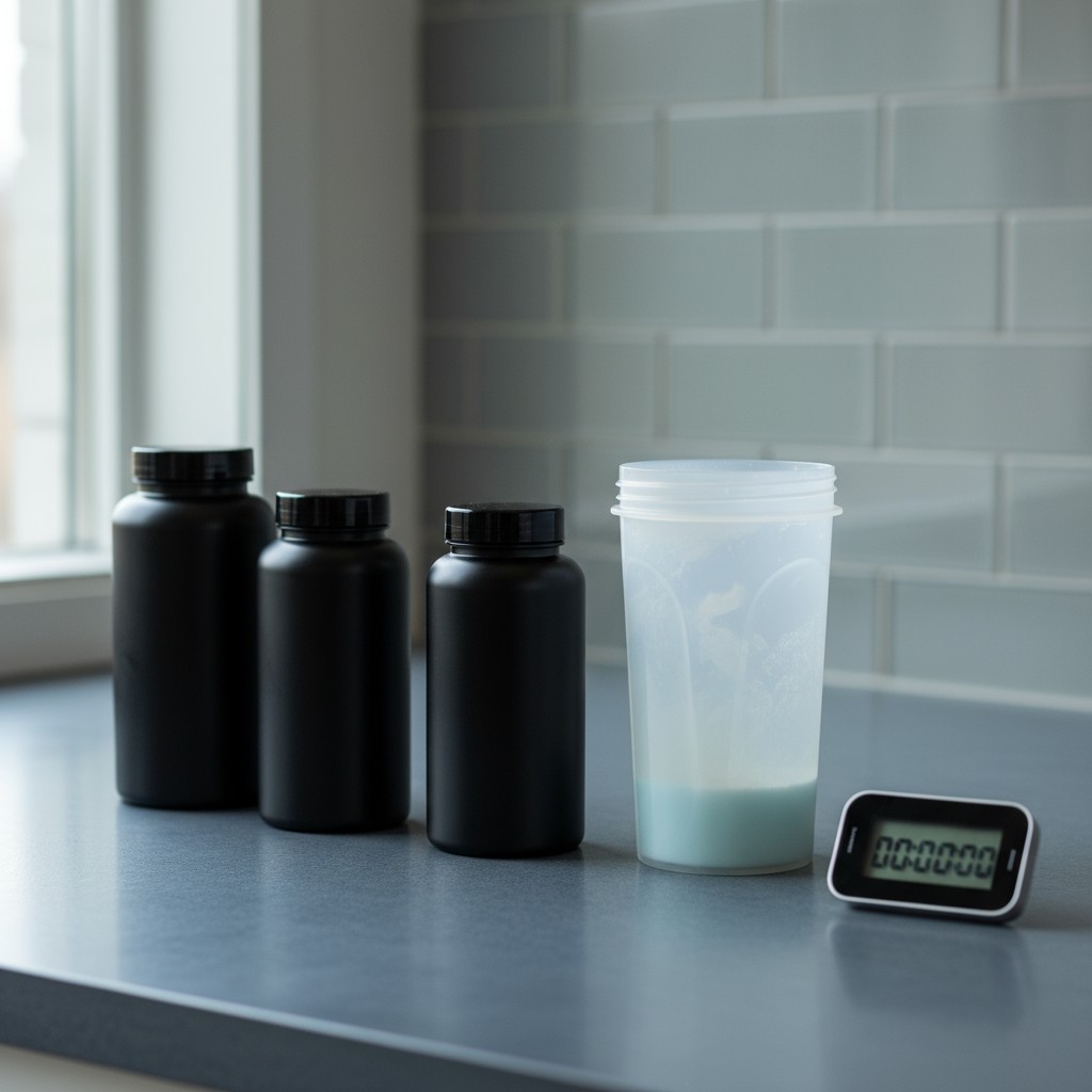 Three black plastic bottles, a white protein shaker cup, and a small stopwatch on gray countertop in front of a wall of wh...